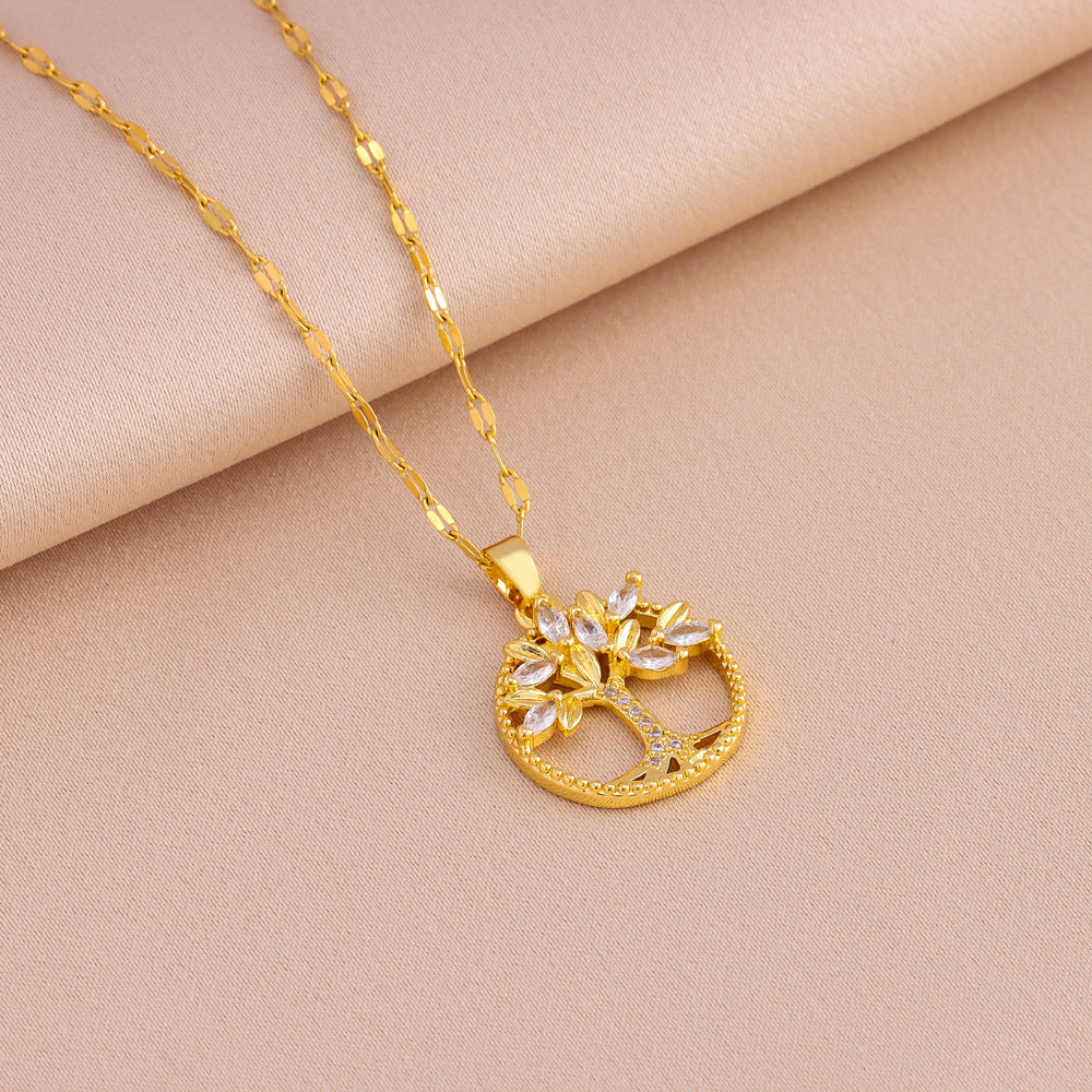 Retro Casual Copper Inlaid Zircon Gold Plated Tree Of Life Pendant