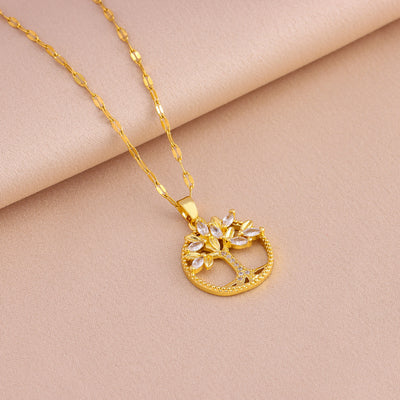Retro Casual Copper Inlaid Zircon Gold Plated Tree Of Life Pendant