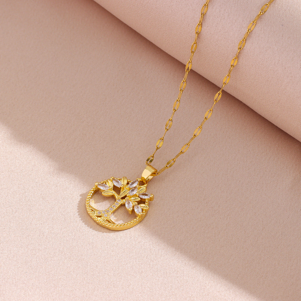 Retro Casual Copper Inlaid Zircon Gold Plated Tree Of Life Pendant