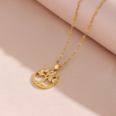 Retro Casual Copper Inlaid Zircon Gold Plated Tree Of Life Pendant