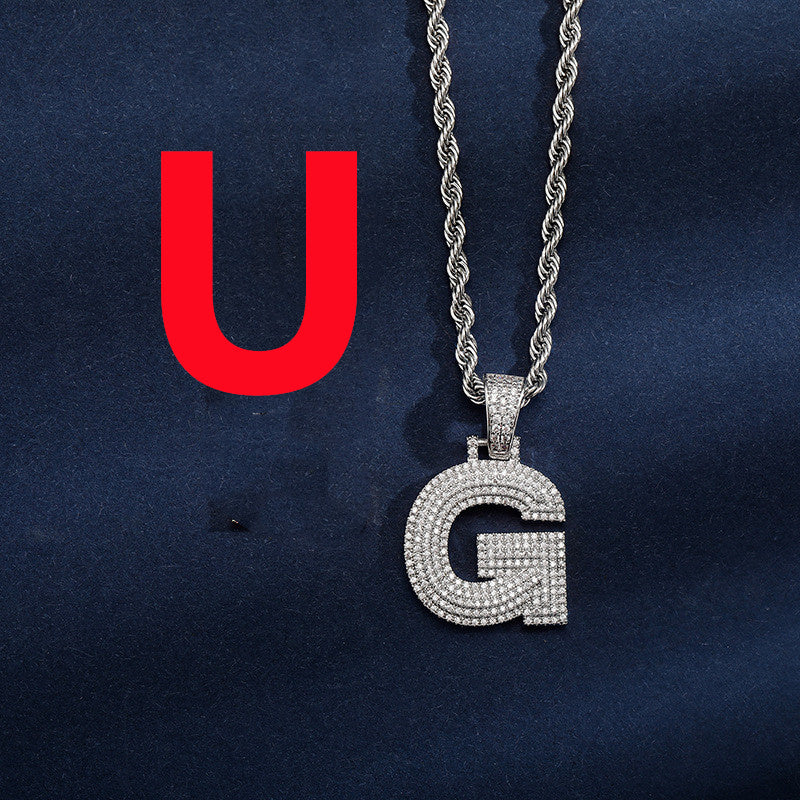 Uppercase Three-dimensional Full Zircon Letter Hip-hop Pendant Necklace