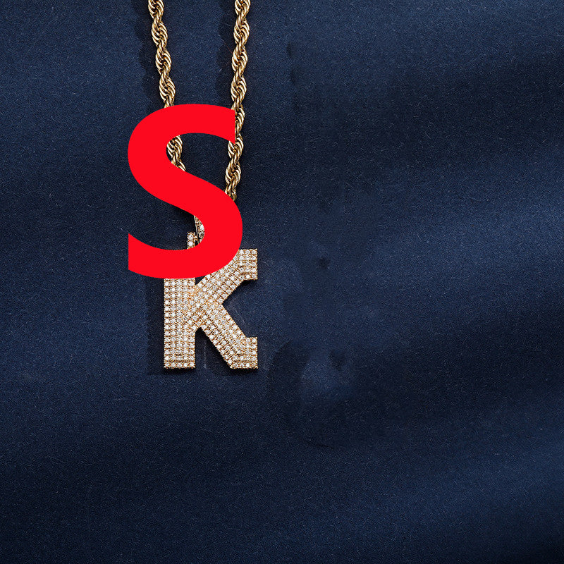 Uppercase Three-dimensional Full Zircon Letter Hip-hop Pendant Necklace