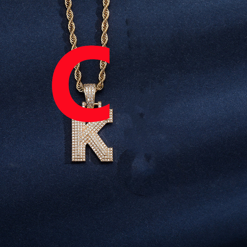 Uppercase Three-dimensional Full Zircon Letter Hip-hop Pendant Necklace