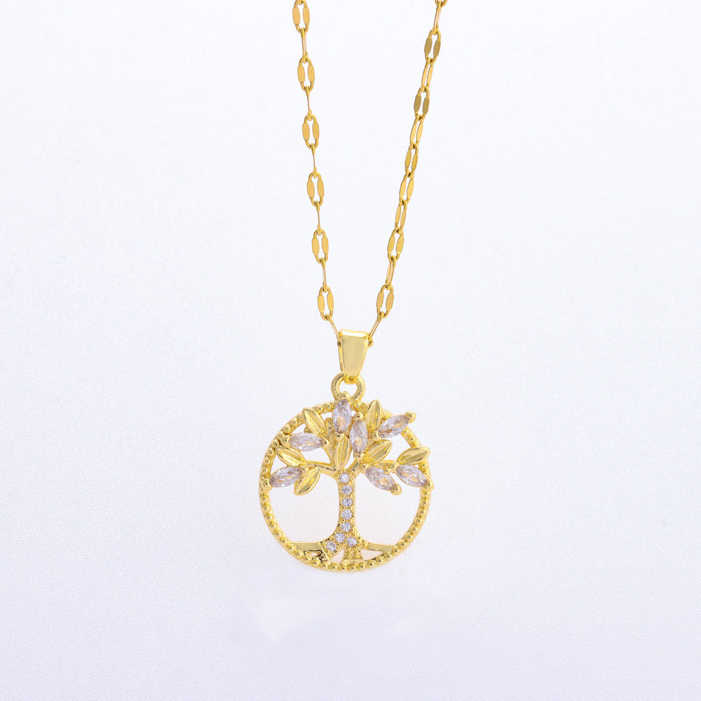 Retro Casual Copper Inlaid Zircon Gold Plated Tree Of Life Pendant