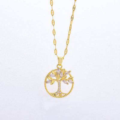 Retro Casual Copper Inlaid Zircon Gold Plated Tree Of Life Pendant