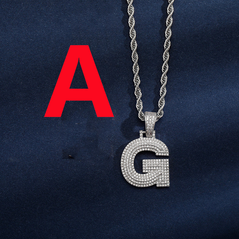 Uppercase Three-dimensional Full Zircon Letter Hip-hop Pendant Necklace